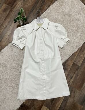 Aureum XS Cream Ivory Puff Sleeve Button Front Vegan Leather Tessa Mini Dress